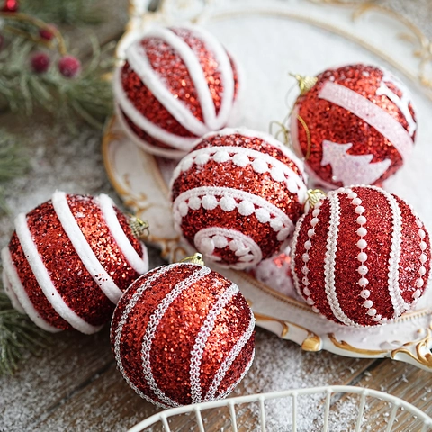 Red Glitter Christmas Ball Ornaments Foam Hanging Decorations With White Stripe Tree Pattern For Holiday Party Home Decor