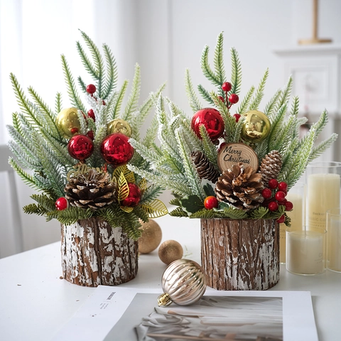 Mini Künstlicher Weihnachtsbaum Tischdeko Mit Massivholzsockel Rote Beeren Kiefernzapfen Weihnachtsdekoration Ornament
