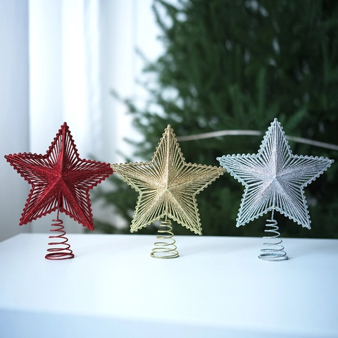 Christmas Tree Topper Star Glitter Five-Pointed Star Decorative Tree Top Ornament With Spring Base For Xmas Holiday Home Decor