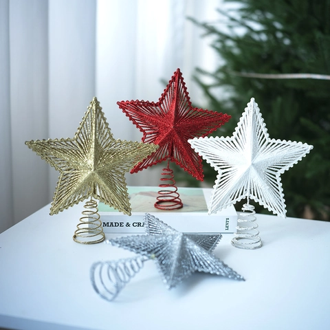 Christmas Tree Topper Star Glitter Five-Pointed Star Decorative Tree Top Ornament With Spring Base For Xmas Holiday Home Decor