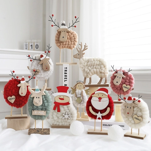 Christmas Wooden Wool Felt Reindeer Santa Snowman Angel Ornaments Desktop Nordic Style Xmas Holiday Table Centerpiece Decor