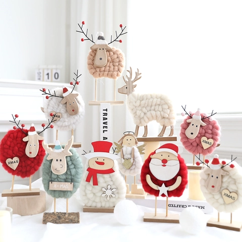 Christmas Wooden Wool Felt Reindeer Santa Snowman Angel Ornaments Desktop Nordic Style Xmas Holiday Table Centerpiece Decor