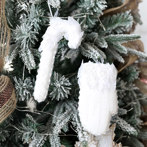 Addobbi Natalizi Appesi all'Albero con Paillettes Bianche Tessuto Bastoncino di Zucchero e Guanto Glitter Decorazioni per la Casa