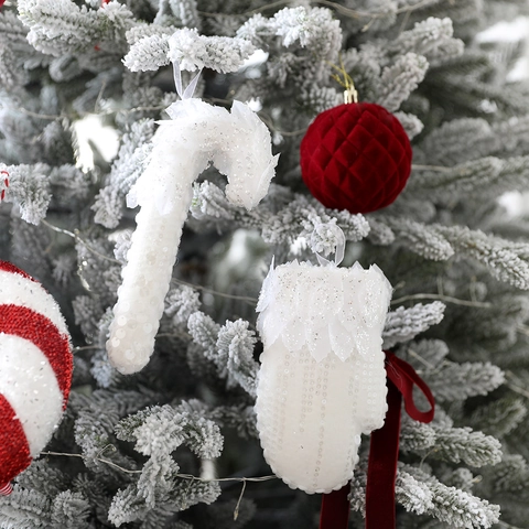 Addobbi Natalizi Appesi all'Albero con Paillettes Bianche Tessuto Bastoncino di Zucchero e Guanto Glitter Decorazioni per la Casa