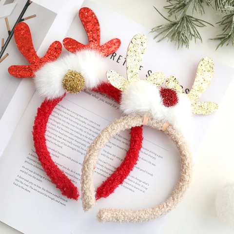 Christmas Reindeer Antler Headband With Sequin Bowknot Plush Sherpa Hair Hoop Festive Party Headwear Xmas Costume Accessories For Women Kids