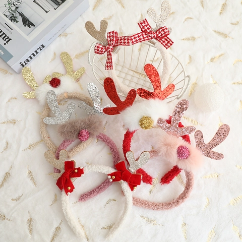 Christmas Reindeer Antler Headband With Sequin Bowknot Plush Sherpa Hair Hoop Festive Party Headwear Xmas Costume Accessories For Women Kids