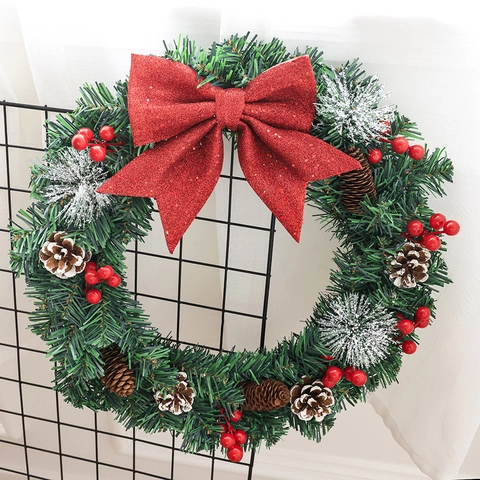 Artificial Christmas Wreath With Large Red Bow Natural Pine Cones Red Berries Snowy Pine Needle Garland For Front Door Decor