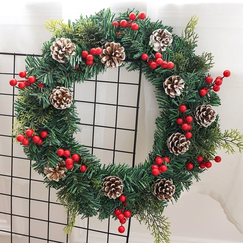 Artificial Christmas Wreath With Large Red Bow Natural Pine Cones Red Berries Snowy Pine Needle Garland For Front Door Decor