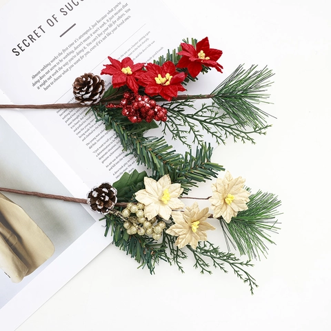 Artificial Christmas Pine Needle Branches With Fabric Poinsettia Flowers Natural Pine Cones Berries DIY Holiday Home Party Xmas Decor