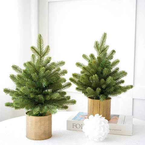 Artificial Christmas Tree Flocked Snow Covered PE Mixed Tabletop Decor With Gold Metal Pot For Home Office Christmas Decor