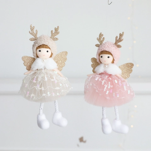 Christmas Angel Doll Pendant Plush Sequin Mesh Skirt Glitter Wings Antlers Hanging Ornament Holiday Tree Decor