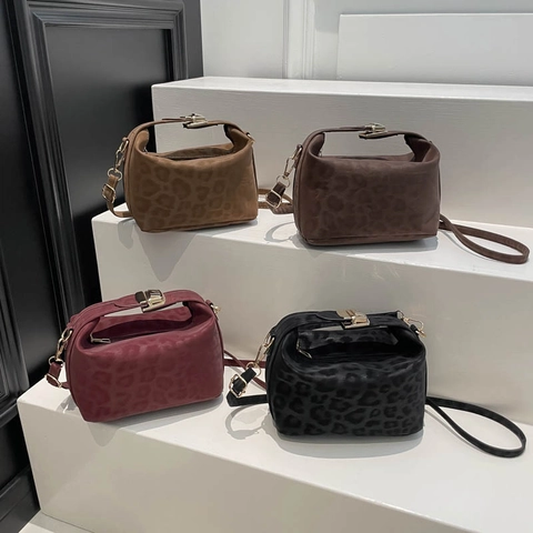 Vintage Leopard Print Crossbody Bag Matte PU Leather Boston Handbag Women Fashion Adjustable Strap Square Shape