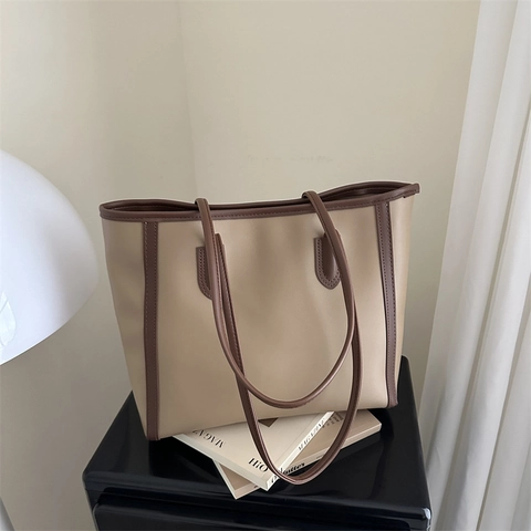Dames Retro Grote Capaciteit PU Leren Tote Bag Mode Minimalistisch Woon-werkverkeer Schoudertas Contrastkleur Handtas