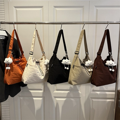 Minimalist Japanese Style Nylon Shoulder Bag For Women Large Capacity Drawstring Tote Bag Casual Crossbody Bag With Plush Pendant