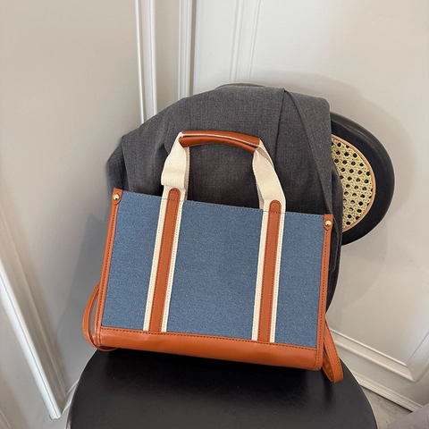 Retro Denim Canvas Tote Tasche Damen Große Kapazität Kontrast PU Leder Patchwork Umhängetasche Schulter Handtasche Pendeln