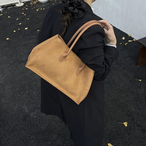 Retro Suede Tote Bag Large Capacity Faux Leather Shoulder Underarm Handbag Minimalist Daily Commuting Women