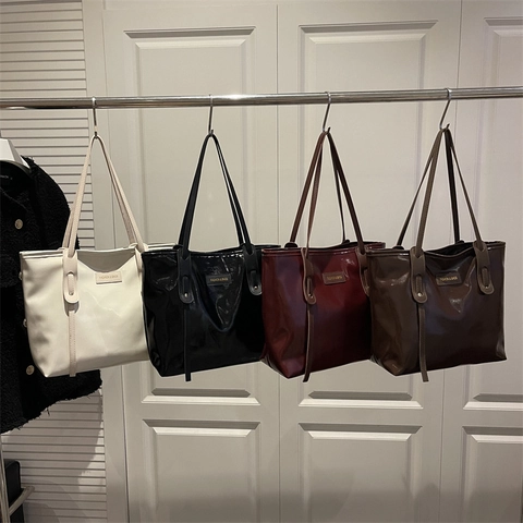 Bolso Tote de Gran Capacidad para Mujer de Charol Brillante Bolso de Hombro Minimalista Trabajo Color Sólido