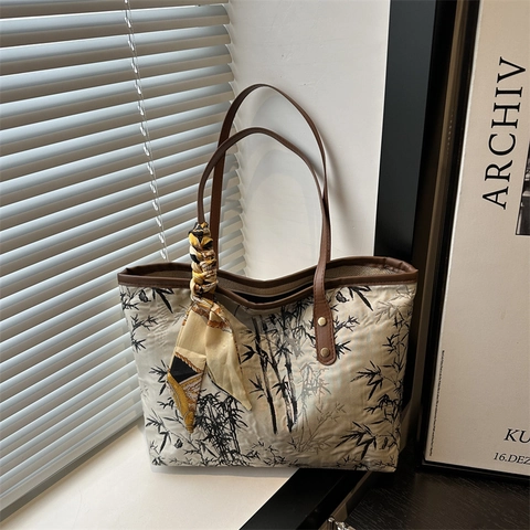 Neo-Chinese Style Bamboo Print Tote Bag For Women Large Capacity Canvas Shoulder Bag With Decorative Silk Scarf Handbag