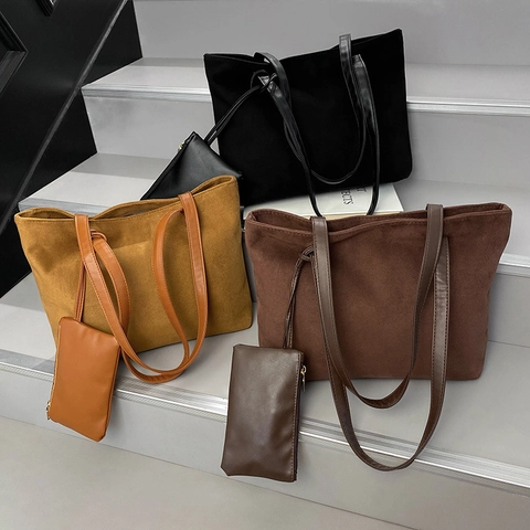 Grand Sac en Daim Synthétique pour Femmes Avec Pochette Assortie Sac à Bandoulière Minimaliste Ensemble de 2 Pièces