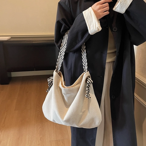 Borsa Tote In Velluto A Coste Grande Capacità Borsa A Spalla Casual Donna Con Tracolla A Righe Minimalista Hobo