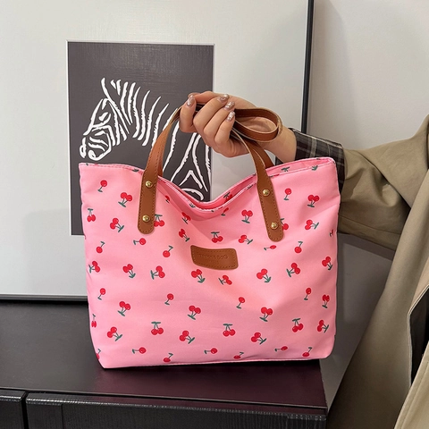 Mode Damen Kirschdruck Tragetasche Nylon Lässige Handtasche Mit Ledergriffen Niedliche Schulter Einkaufstasche Für Den Alltag
