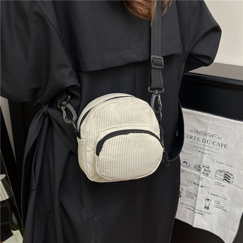 Corduroy Mini Crossbody Bag Double Zipper Pocket Adjustable Strap Casual Versatile Shoulder Bag Solid Color For Women
