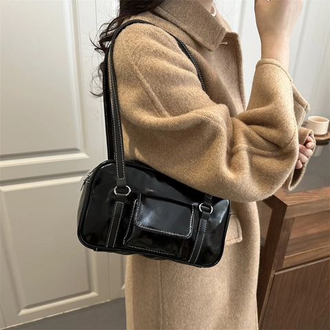 Women Underarm Bag Glossy PU Leather Contrast Stitching Vintage Shoulder Purse With Front Flap Pocket Minimalist Retro
