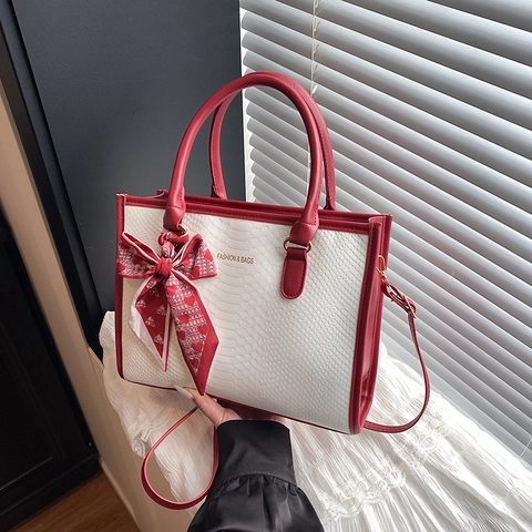 Borsa Tote in Pelle PU Donna Trama Serpente Borsa a Tracolla Con Fiocco in Raso Elegante Grande Capacità Borsa Pendolare