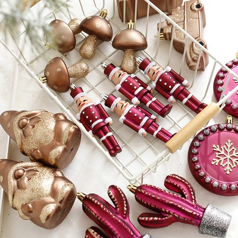 Decorazioni Natalizie da Appendere in Plastica Magenta Bronzo Soldato Schiaccianoci Gnomo Cactus Camion Ciondolo Fiocco di Neve