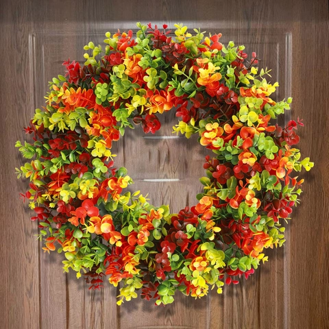 Künstlicher Eukalyptus Kranz Kunststoff Bunt Rund Für Haustür Haus Wand Deko Frühling Herbst Saisonale Accessoires