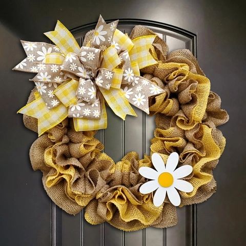 Couronne en Toile de Jute Style Rustique Fête des Abeilles Avec Nœud Gingham Décoration Marguerite Blanche pour Porte d'Entrée Pâques Déco Maison