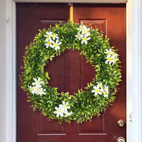 Large Artificial Spring Wreath Green Leaves White Flowers Rabbit Decorative Front Door Wall Hanging Garland Home Decor