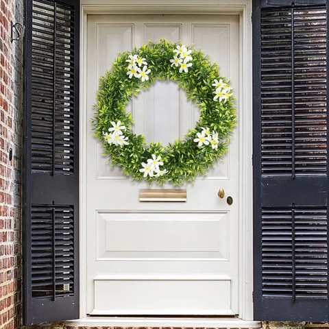 Large Artificial Spring Wreath Green Leaves White Flowers Rabbit Decorative Front Door Wall Hanging Garland Home Decor