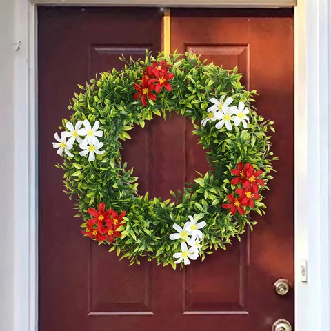 Artificial Spring Wreath Eucalyptus Green Leaves Red White Flowers Round Door Hanging Decoration For Home Wedding Party