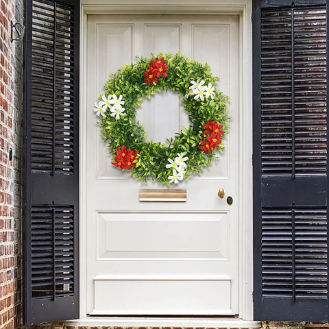 Artificial Spring Wreath Eucalyptus Green Leaves Red White Flowers Round Door Hanging Decoration For Home Wedding Party