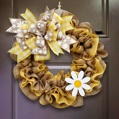 Couronne en Toile de Jute Style Rustique Fête des Abeilles Avec Nœud Gingham Décoration Marguerite Blanche pour Porte d'Entrée Pâques Déco Maison