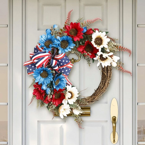 Unabhängigkeitstag Sonnenblumenkranz Mit Sterne Und Streifen Schleife Rot Weiß Blau Patriotische USA Flagge Türdeko Für Zuhause