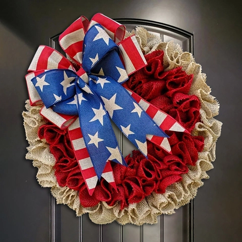 American Independence Day Burlap Wreath July 4th Patriotic Door Decor Stars and Stripes Bowknot Home Wall Flower Wreath Hanging Ornament
