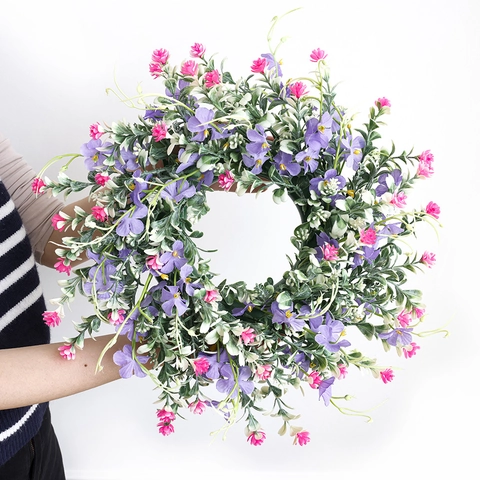 Artificial Wildflower Wreath Purple Pink Flowers Green Leaves Spring Summer Wreath For Front Door Home Wall Party Decoration