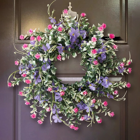 Artificial Wildflower Wreath Purple Pink Flowers Green Leaves Spring Summer Wreath For Front Door Home Wall Party Decoration