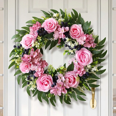 Artificial Eucalyptus Rose Hydrangea Floral Wreath Pink Flower Greenery Garland For Front Door Wall Home Wedding Wall Decor