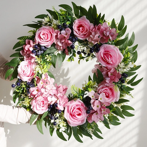 Artificial Eucalyptus Rose Hydrangea Floral Wreath Pink Flower Greenery Garland For Front Door Wall Home Wedding Wall Decor