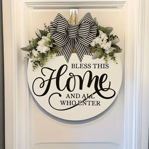 Appendino Per Porta Rotondo In Legno Rustico Cartello Di Benvenuto Bless This Home Con Fiocco Piante Artificiali Decorazione Porta