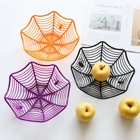 Panier à Fruits Toile d'Araignée Halloween Bol à Bonbons en Plastique Pour Décoration de Fête Orange Noir Violet Plateau à Snack
