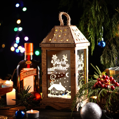 Nordische Weihnachtslaterne Aus Holz LED Warmes Licht Winterliche Schneeszene Festliche Feiertage Haus Desktop Dekolicht