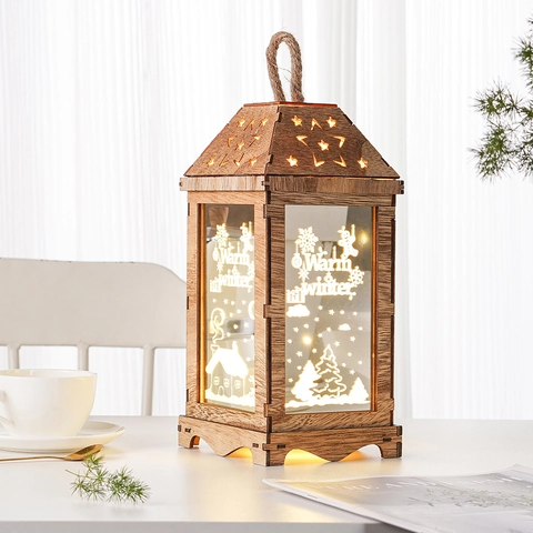 Nordische Weihnachtslaterne Aus Holz LED Warmes Licht Winterliche Schneeszene Festliche Feiertage Haus Desktop Dekolicht