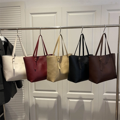 Bolso Tote de Mujer de Gran Capacidad de Cuero PU Bolso de Hombro Minimalista Retro Pespunte Color Sólido Bolso de Mano