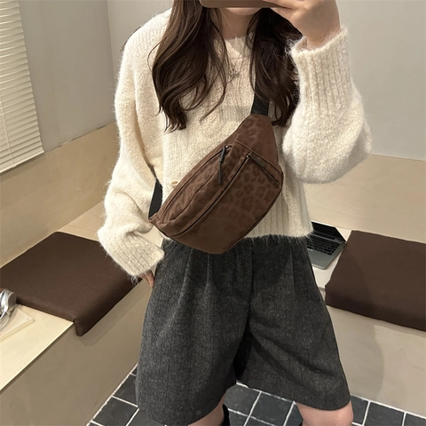 Borsa da Vita Moda Donna con Stampa Leopardata Casual in Finta Pelle Scamosciata Marsupio Tracolla Regolabile Streetwear