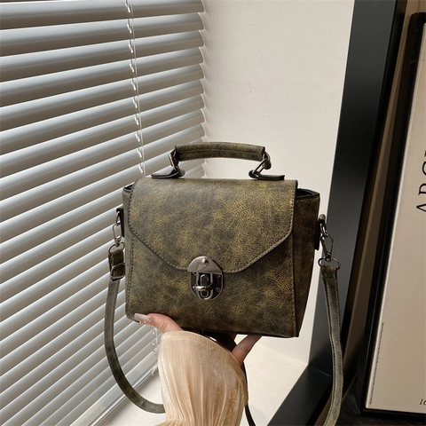 Sac à Bandoulière en Cuir PU Vintage Texture Vieillie pour Femmes Fermoir Rétro Carré Capacité Sacoche à Main Mode Quotidienne