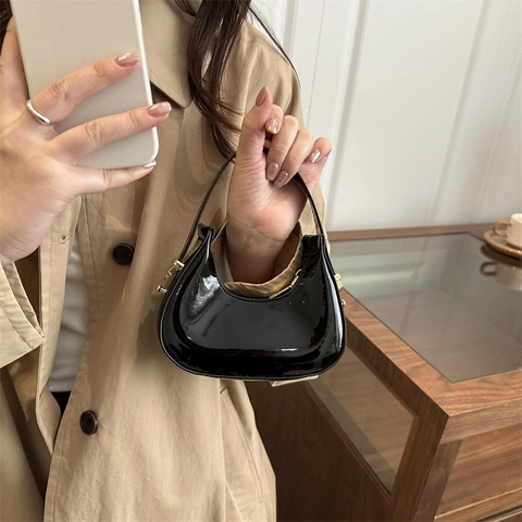 Crescent Hobo Bag Mini Patent Leather Underarm Purse Solid Color French Style Handheld Shoulder Bag